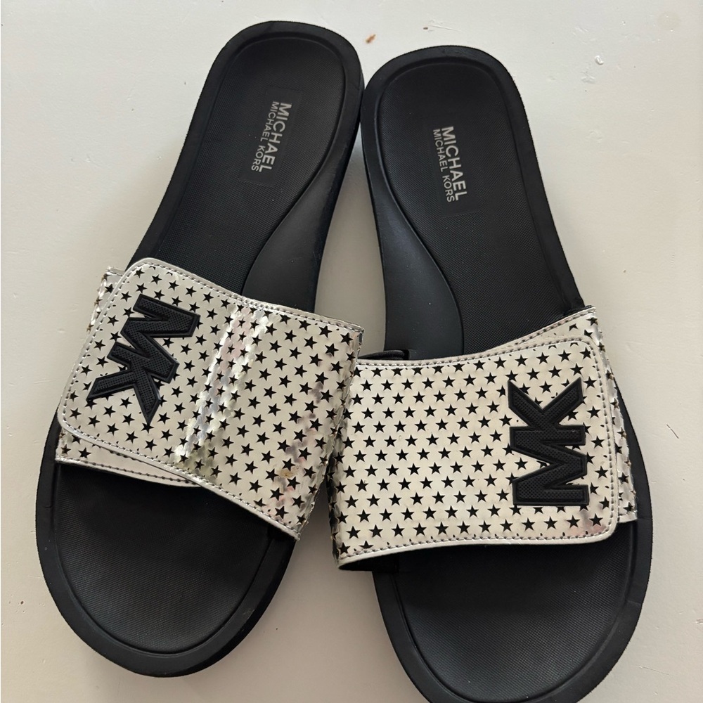 Michael Kors Black & White Star Logo Slide Sandals